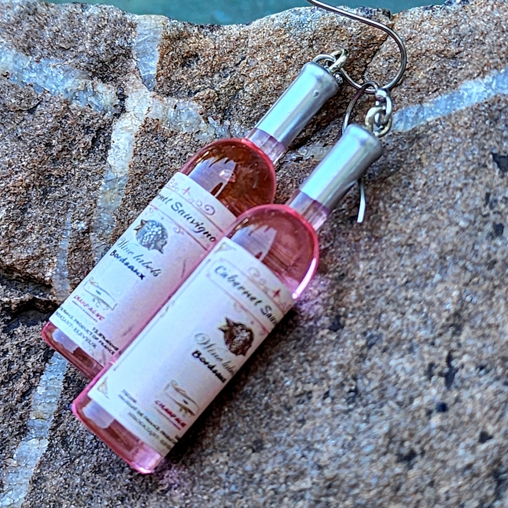 Bottle of Fine is Best Gift Rose Wine Hypoallergenic Designer Earrings